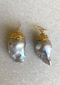 Capped Grey Baroque Pearl Earrings